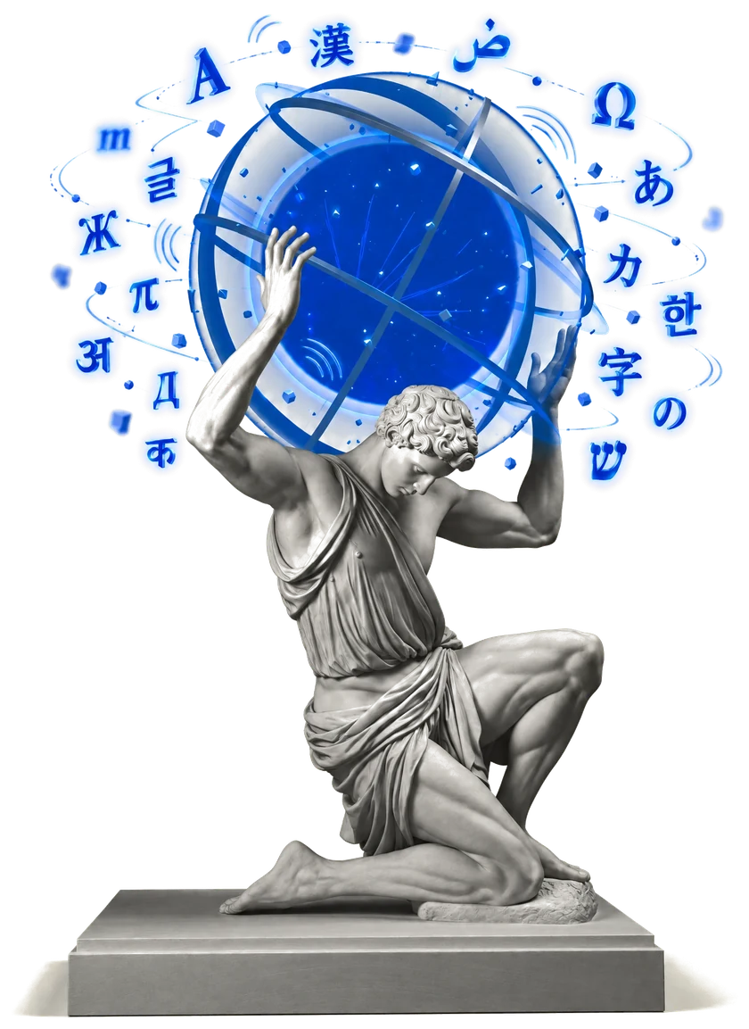 Escultura de mármol que sostiene un globo azul cubierto de letras de distintos idiomas